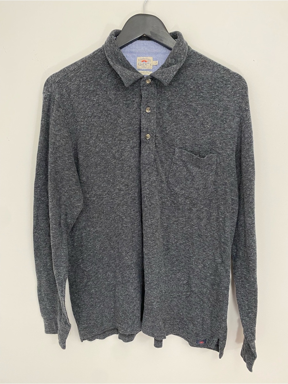 Faherty Organic Cotton Heather Charcoal Long Sleeve Henley Large